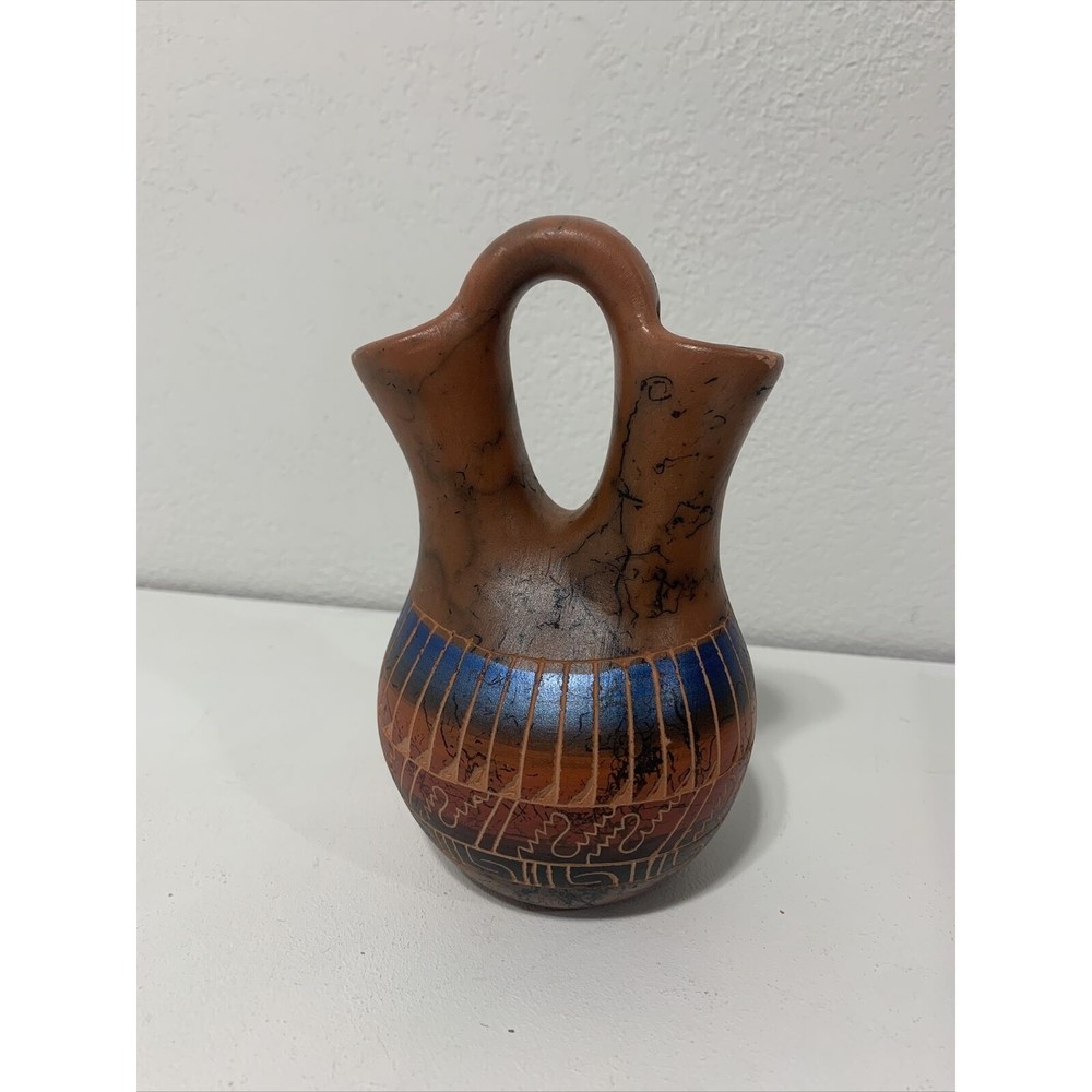 Native American Pottery Wedding Vase Navajo Indian Horse Hair Metallic Benally
